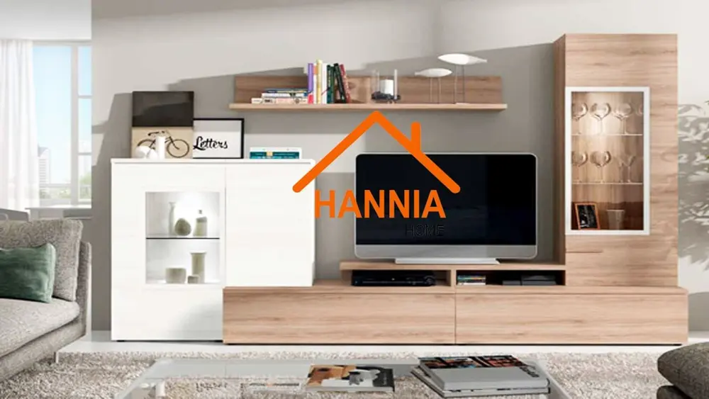 Mueble para televisor blanco y madera con vitrina